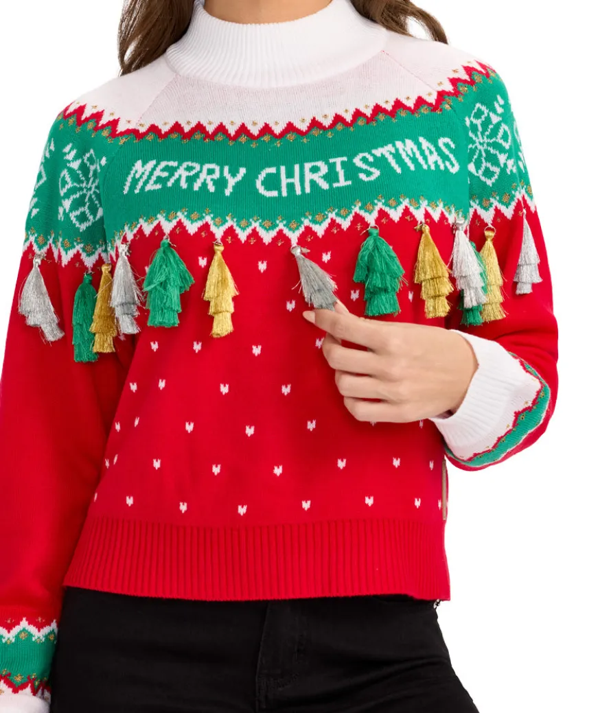 Women's Merry Christmas Tassel Turtleneck Cropped Sweater