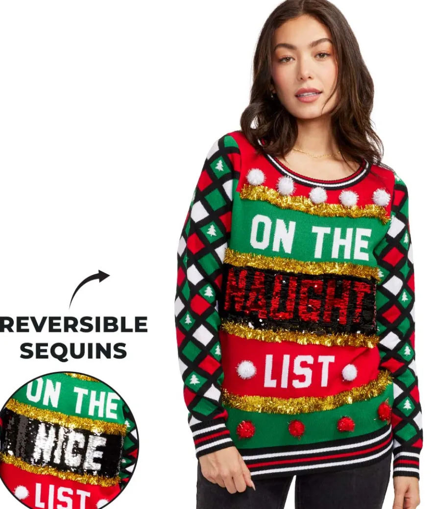 Women's Naughty or Nice Reversible Sequin Ugly Christmas Sweater