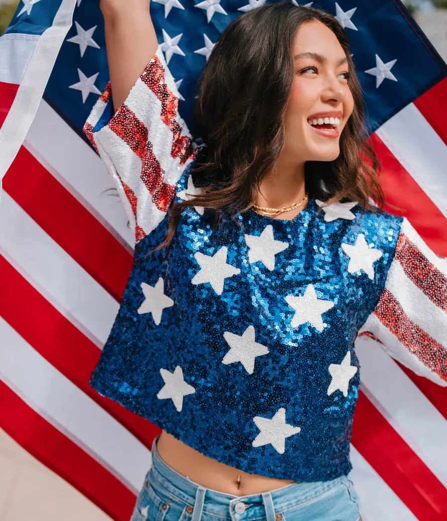 Women's Sequined Stars and Stripes Cropped Tee
